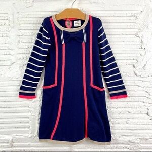 Mini Boden Bowtie Neck Cashmere Blend Metallic Stripe Sleeve Sweater Dress 3-4Y